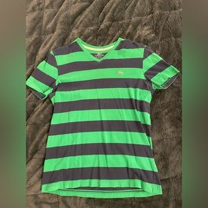 Lacoste V-Neck Pima Cotton T-Shirt. Green and Blue Stripes